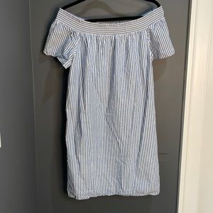 J. Crew blue and white striped lined off the shoulder dress